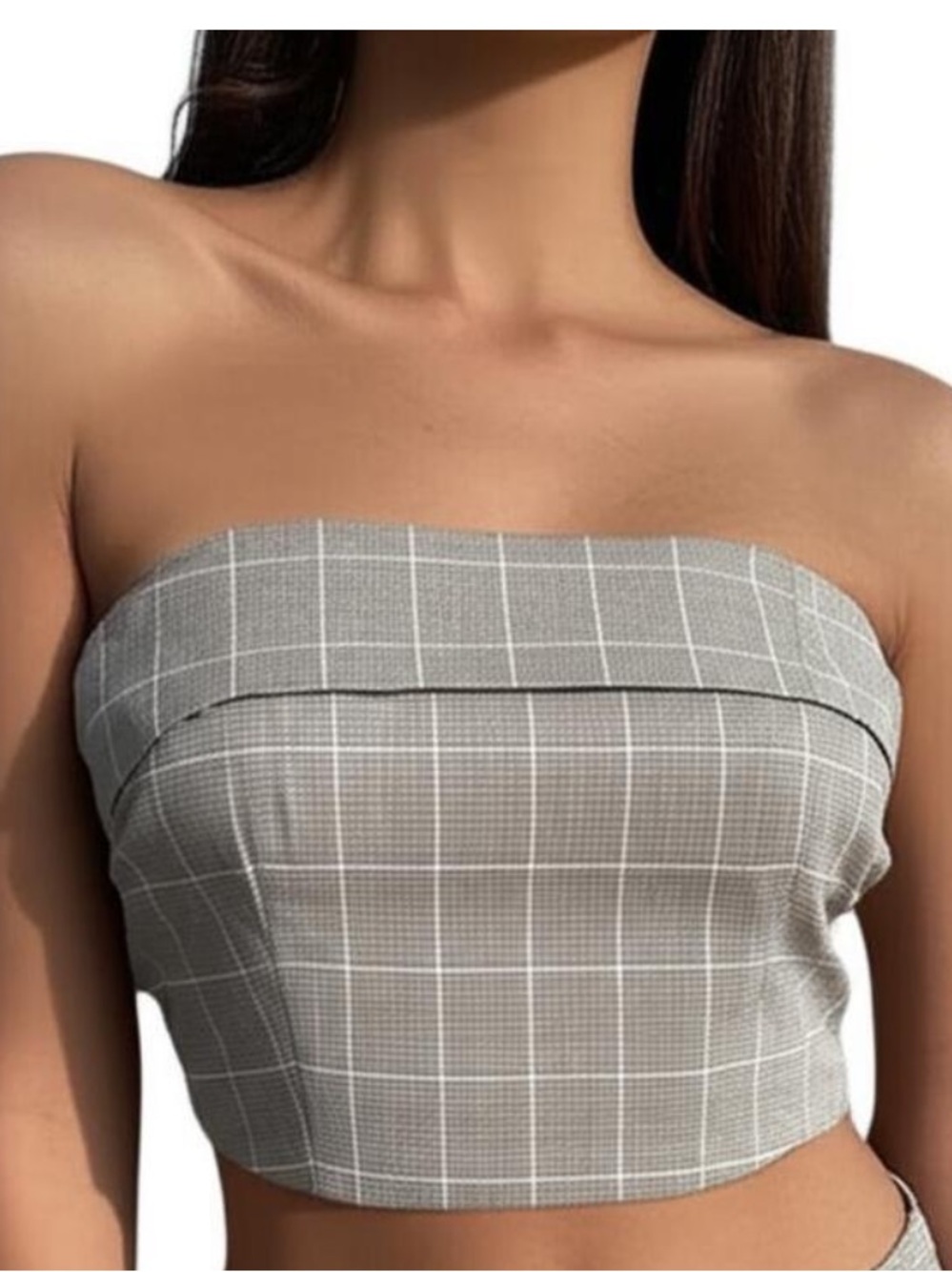 RVCA Grey Khaki Cropped Strapless Tube Casual Plaid Claire Top size XS/6 NWT